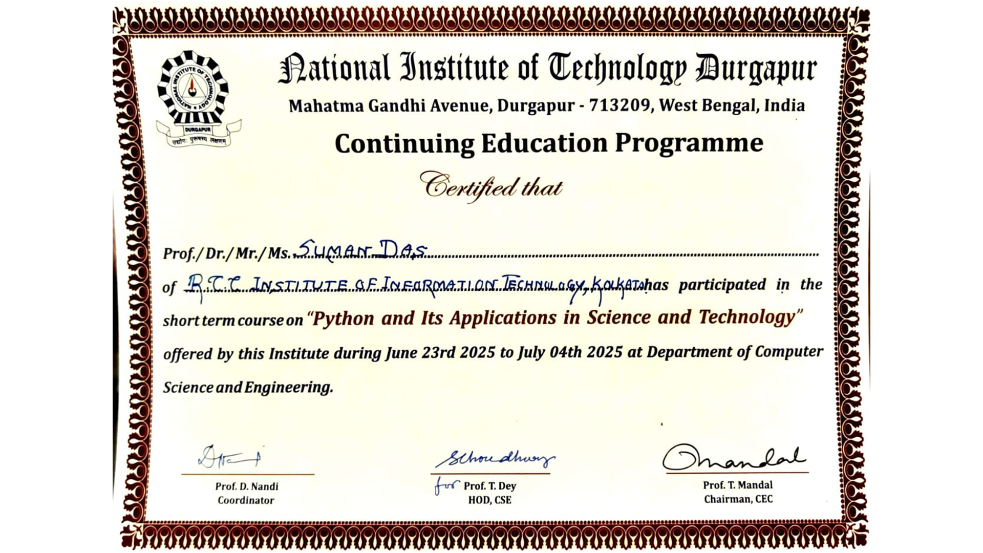 Certification - NIT Durgapur